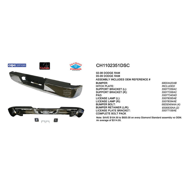 Dodge Ram 1500/2500/3500 Rear Bumper Face Bar New Design Step Bumper Bright Includes Pad & Bumper Support W/O Bracket - CH1102351