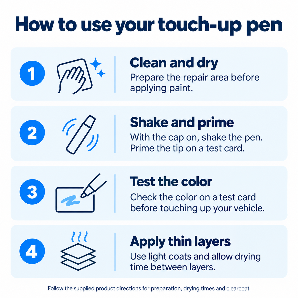 Oldsmobile Touch-Up Pen — Essential Kit - touch-up pen application guide: clean, shake, test the color and apply thin layers
