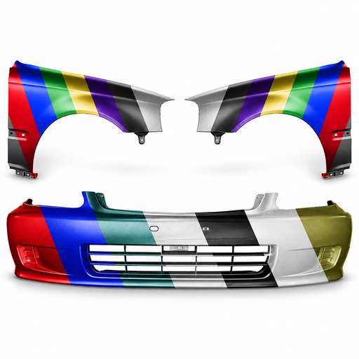 1999-2000 Honda Civic three-piece front bumper and fender bundle: HO1000184 bumper, HO1240151 driver-side fender and HO1241151 passenger-side fender. Multicolor finish illustration.