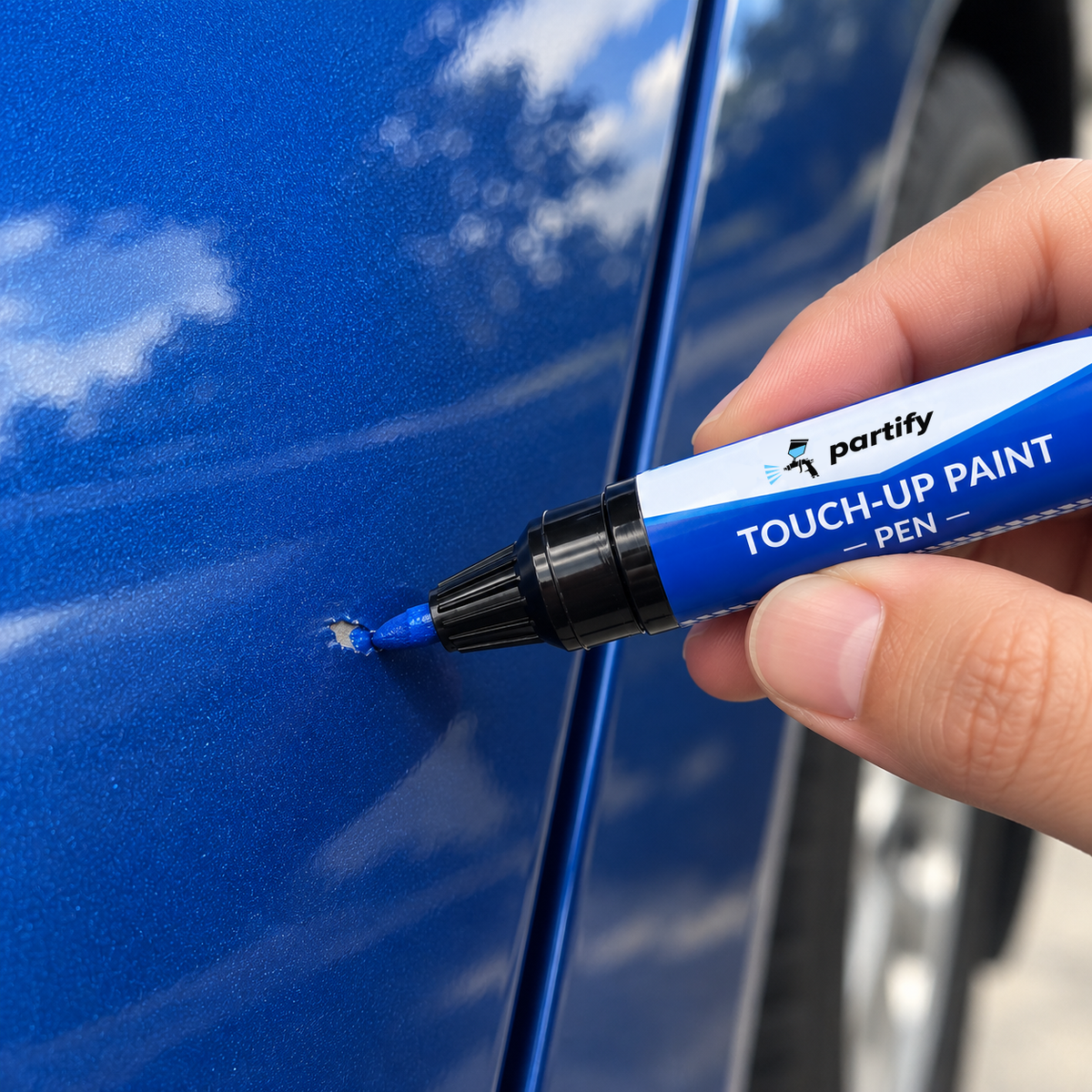 Mercedes-Benz Touch-Up Pen — Essential Kit - paint pen touching up a small chip on a blue vehicle