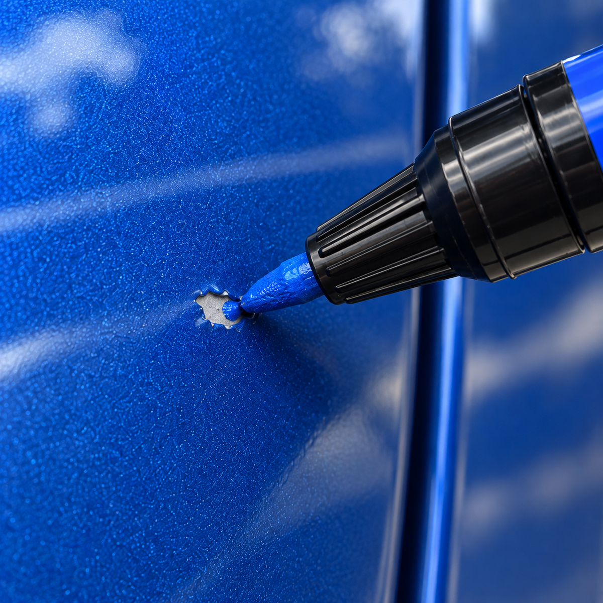 Nissan Touch-Up Pen — Essential Kit - close-up of the paint pen applicator at a small stone chip