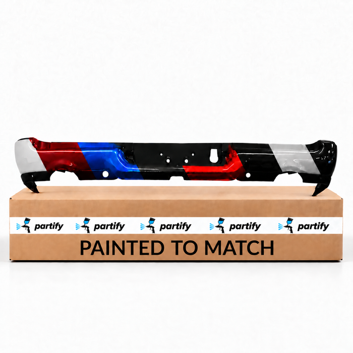 Dodge Ram 1500 Rear Bumper Assembly Dual Exhaust With 4 Sensor Holes - CH1103140 — painted color options with Partify box. Colors shown are illustrative.