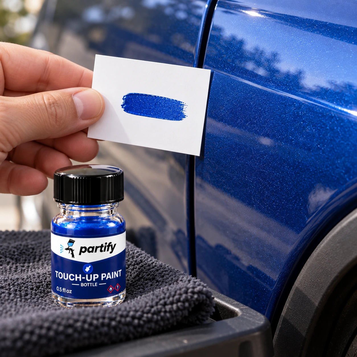 Holding a dried brush color sample beside the vehicle before using Partify bottle paint