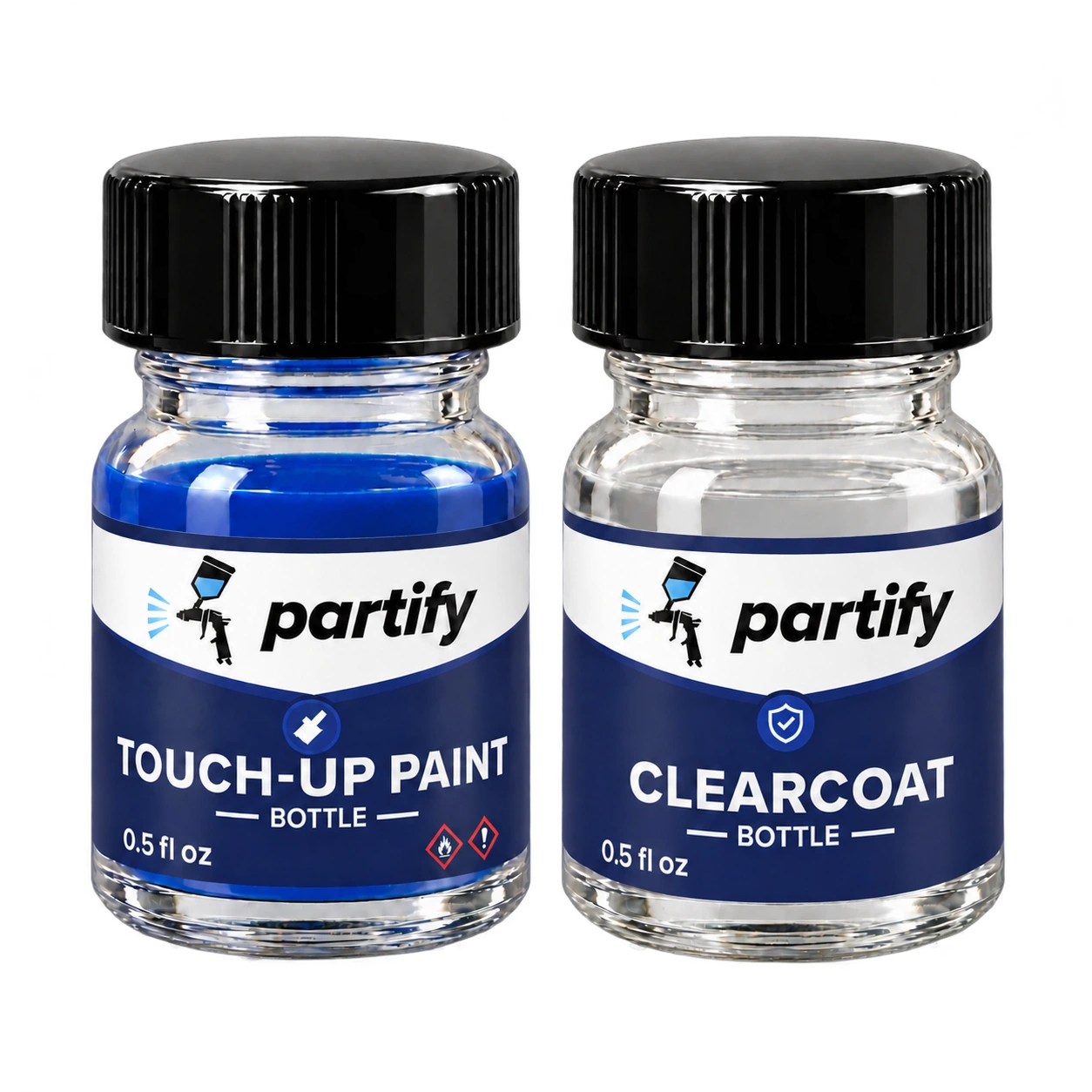 Partify touch-up paint and clearcoat brush bottles