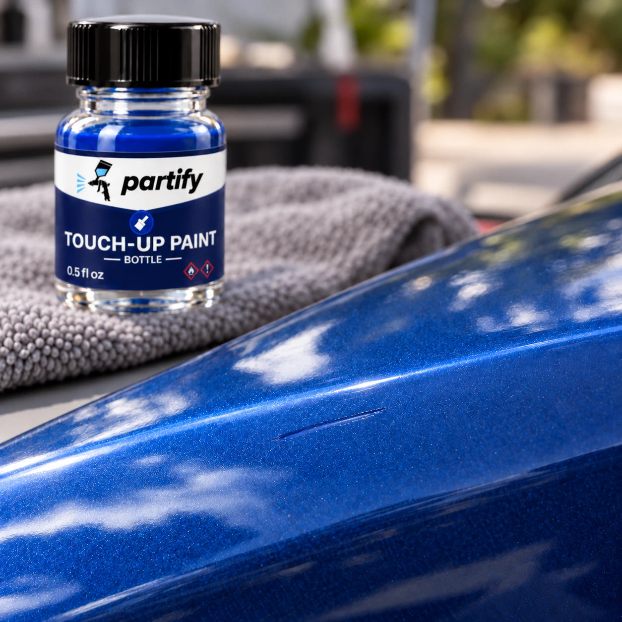 A restrained thin coat drying inside a short scratch with the capped navy-labeled bottle set aside
