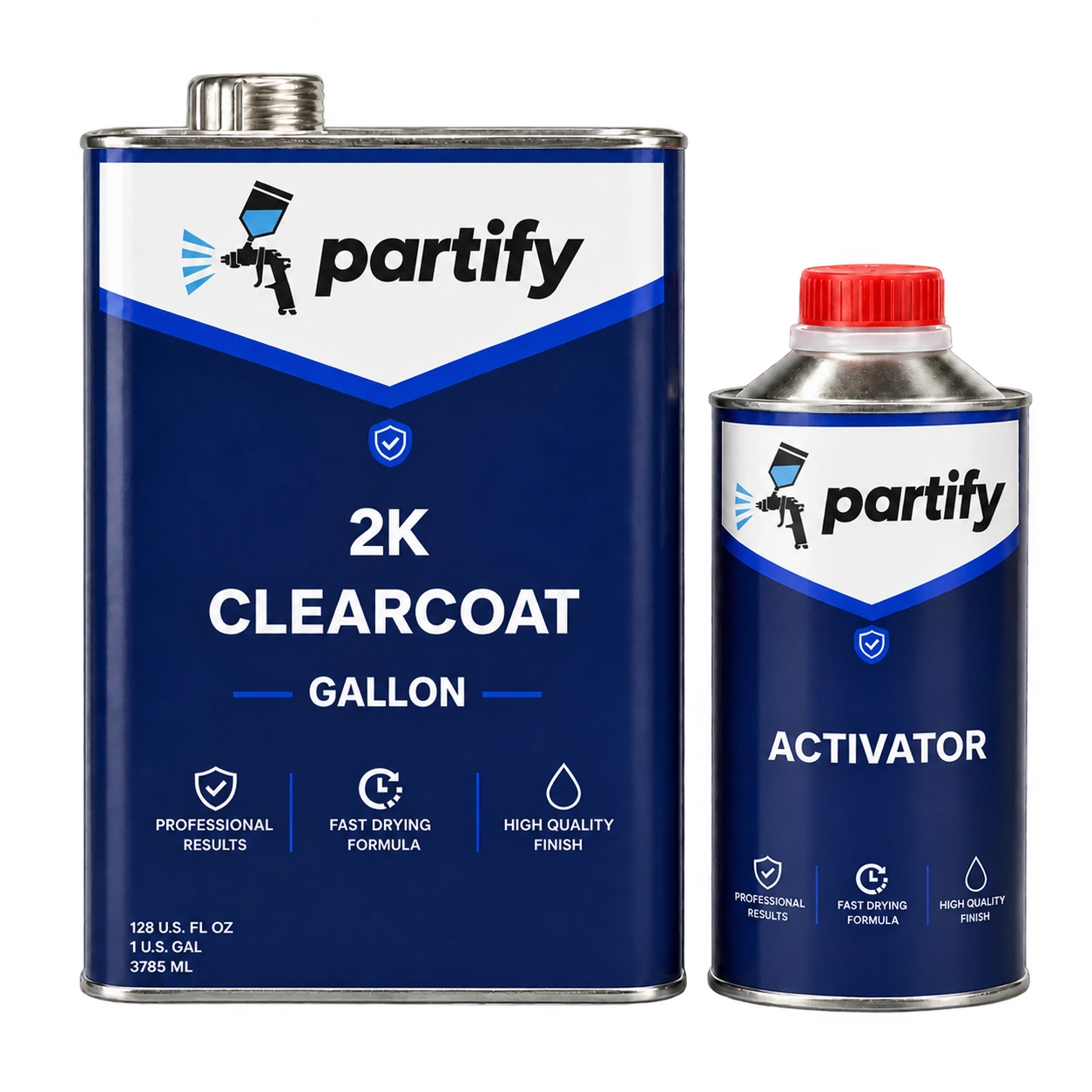 Gallon 2K clearcoat in its rectangular can beside the round activator with red cap