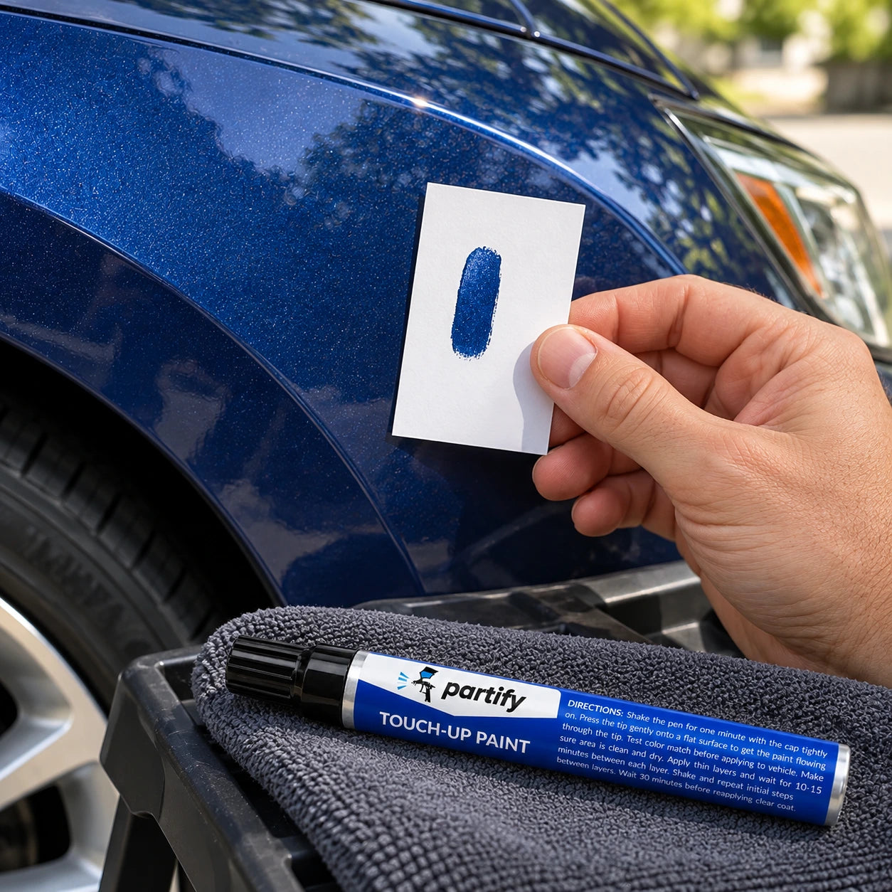 Comparing a dried blue color sample beside a vehicle panel with the current Partify pen nearby