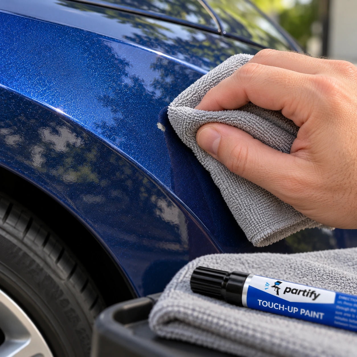 Wiping around a small vehicle paint chip with a microfiber cloth before pen application