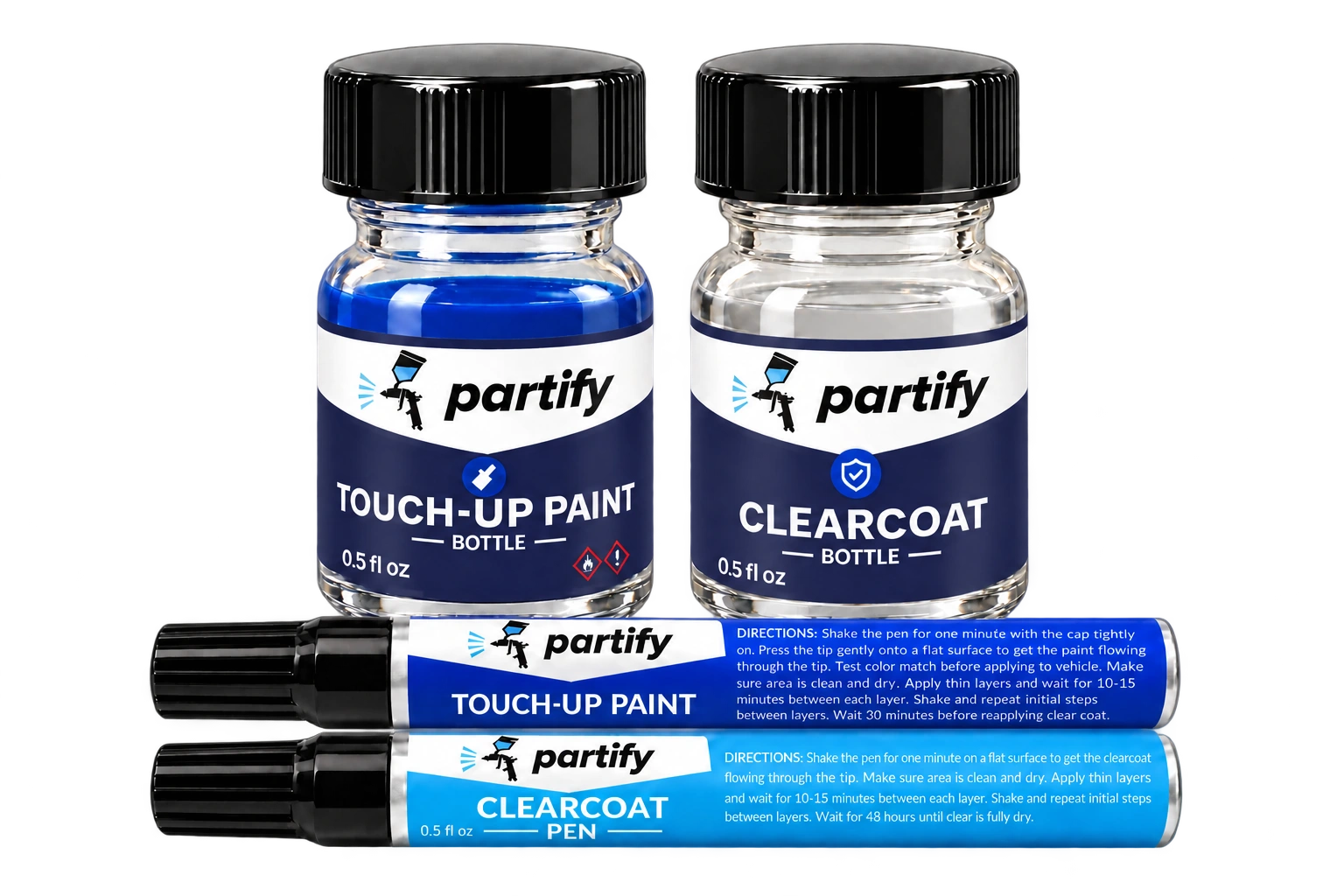 Current Partify touch-up bottles and black-capped pens