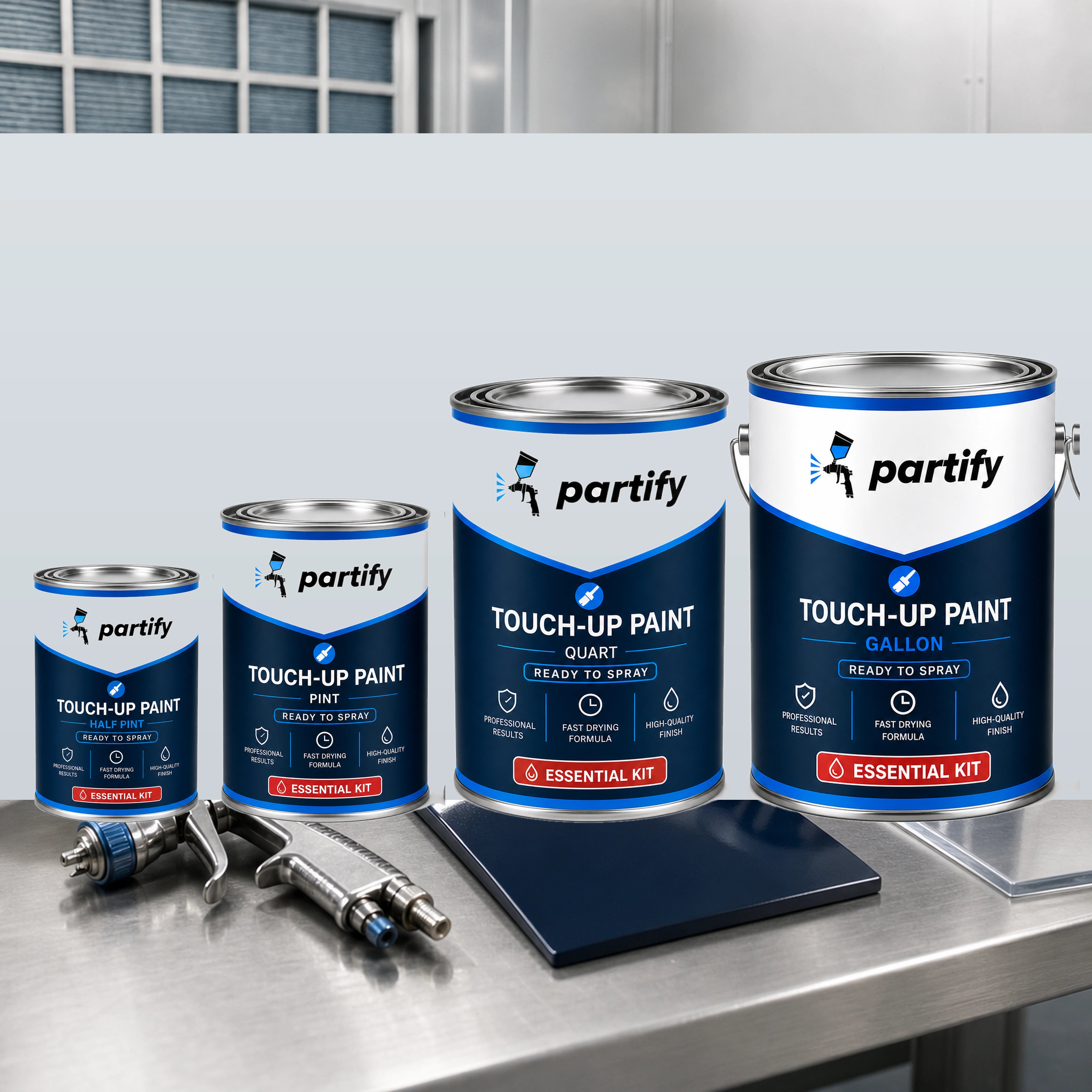 Partify Professional Paint shown across Half Pint, Pint, Quart, and Gallon sizes with a spray gun and finish sample