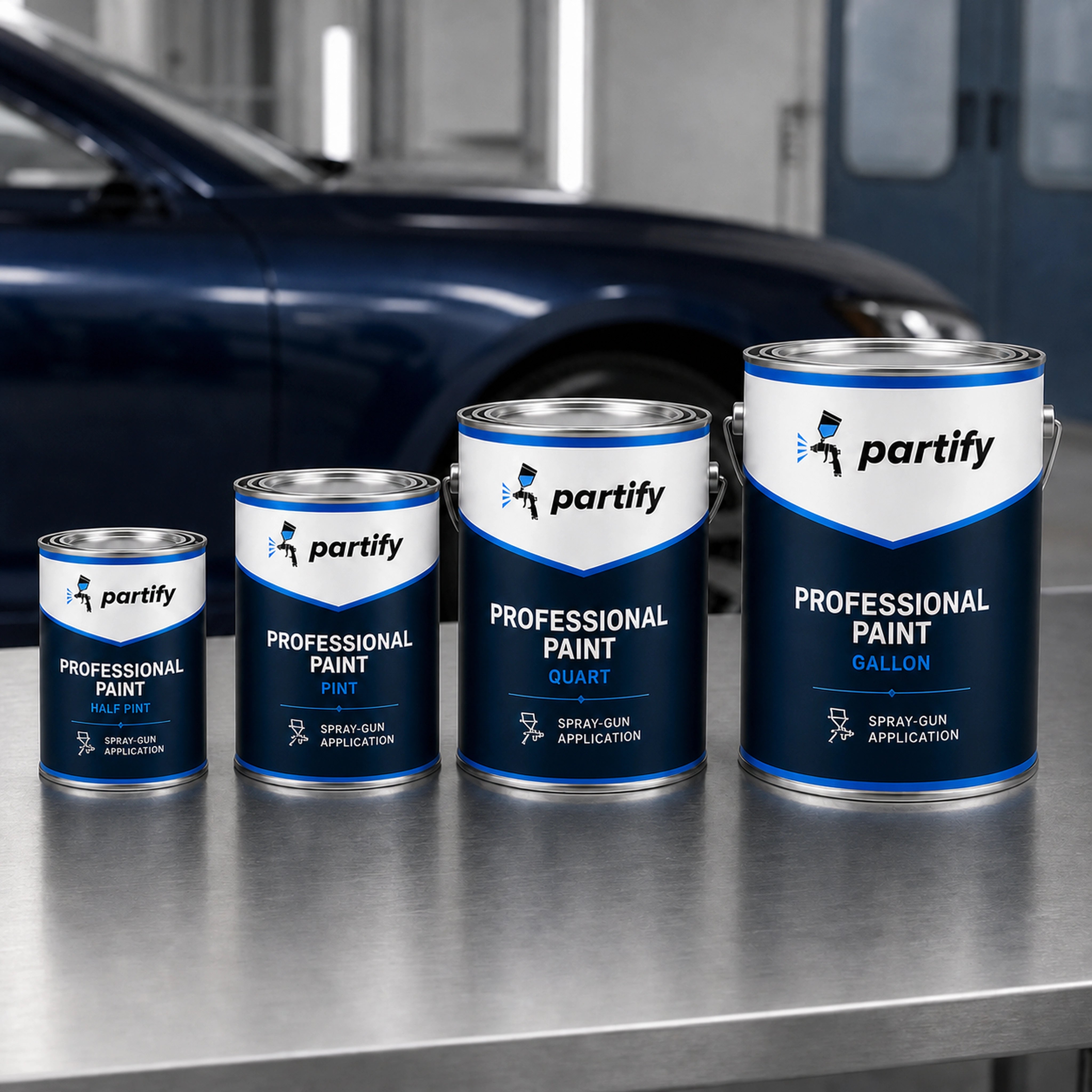 Four matched-color Partify Professional Paint cans in Half Pint, Pint, Quart, and Gallon sizes