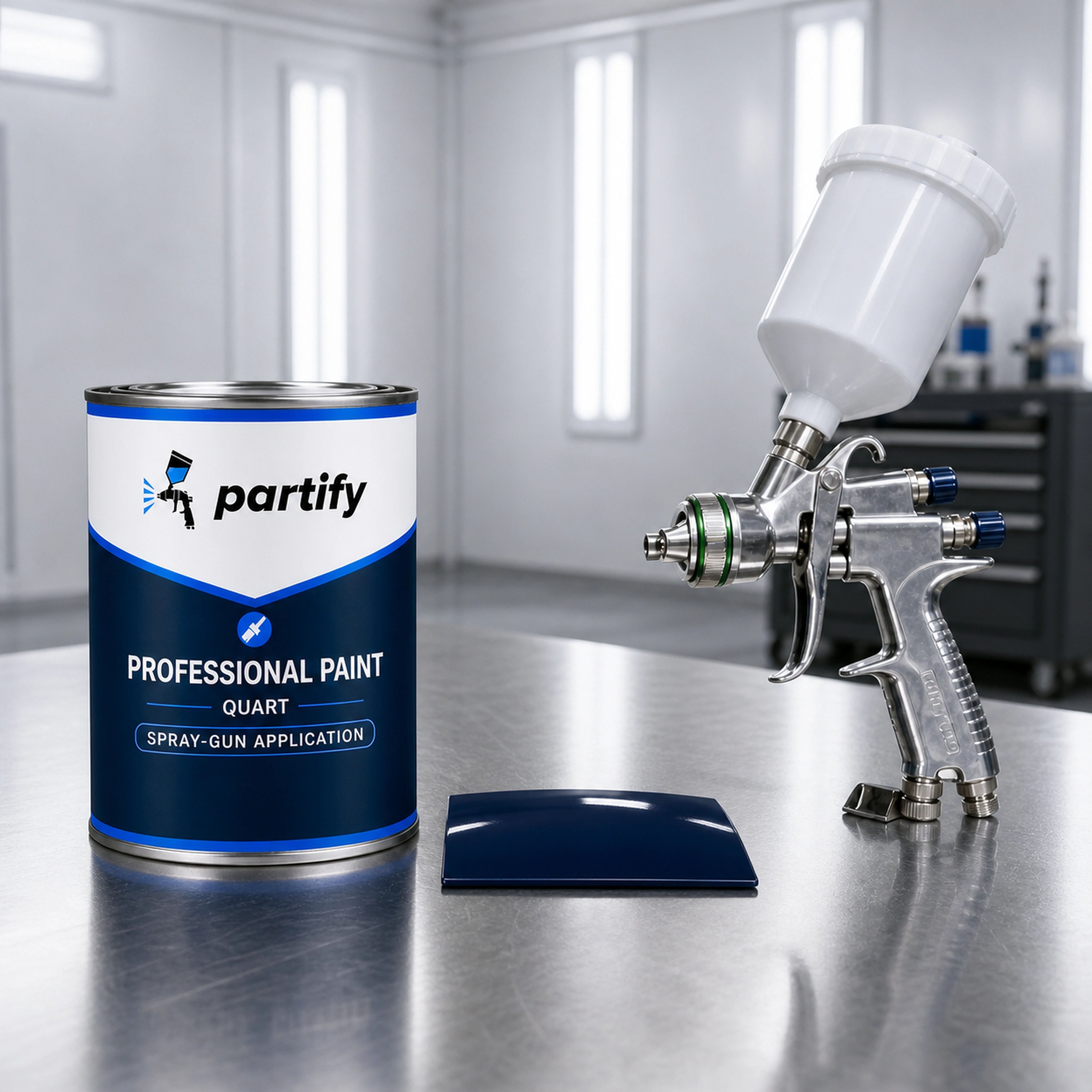 Partify Professional Paint, an HVLP spray gun, and a spray-out test card prepared for refinishing
