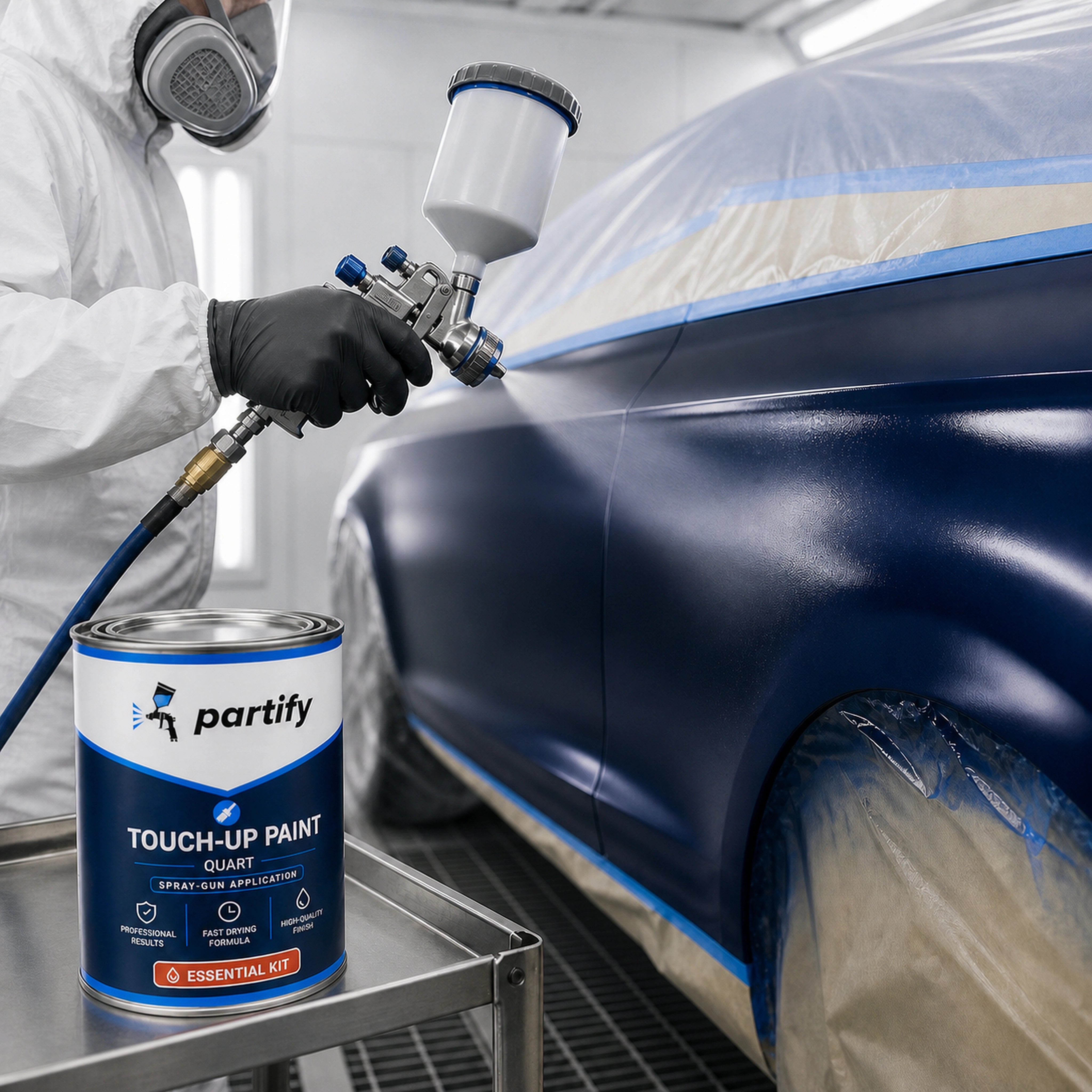 Applying factory-matched Partify Professional Paint with a spray gun in a controlled refinishing space