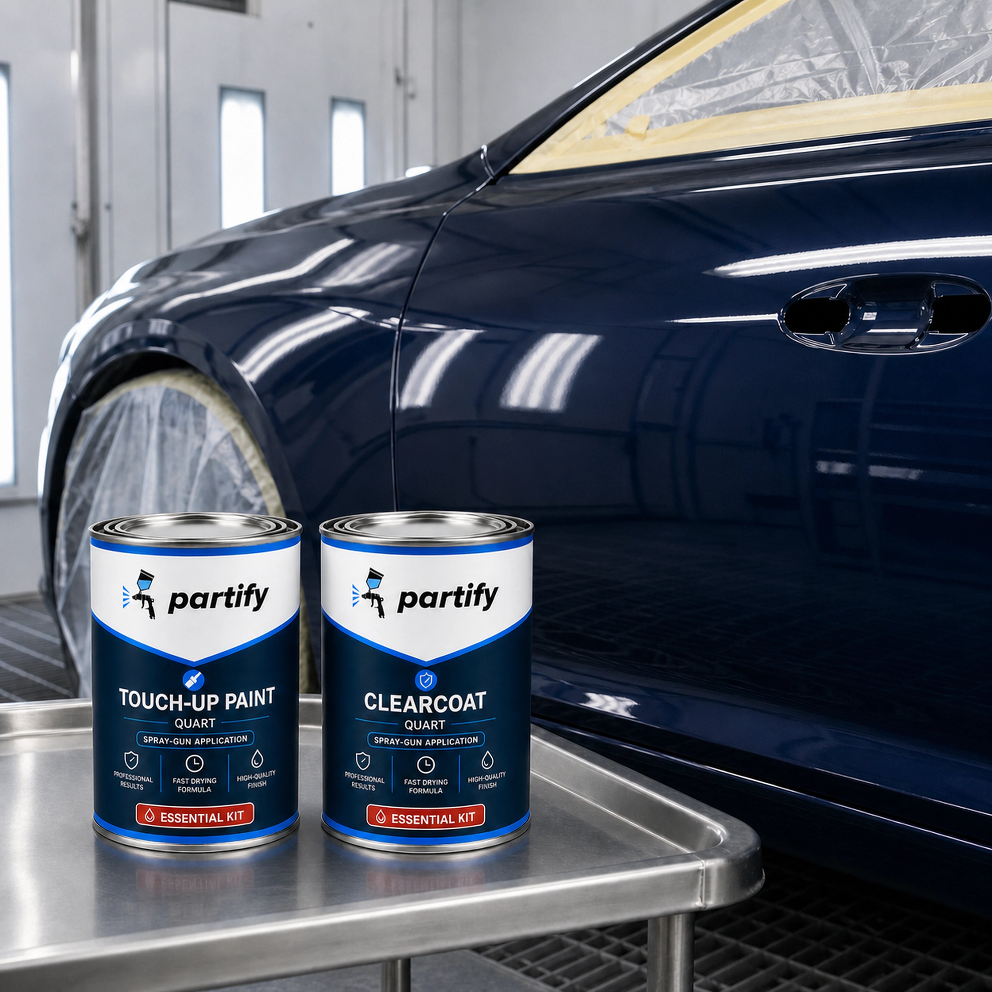Partify Professional Paint and compatible clearcoat beside a glossy refinished vehicle panel