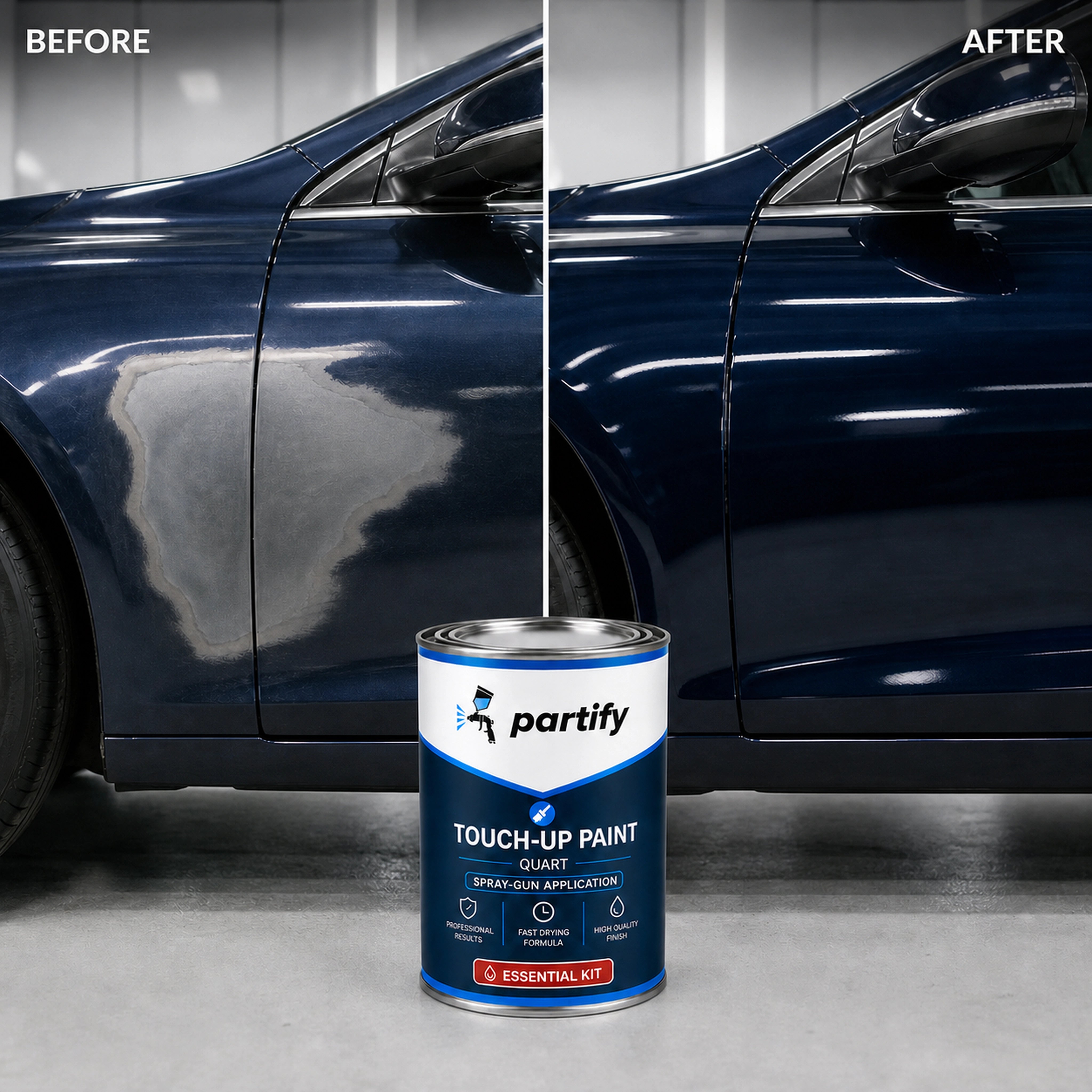 Before and after proof of a panel refinished with the Partify Professional Paint system