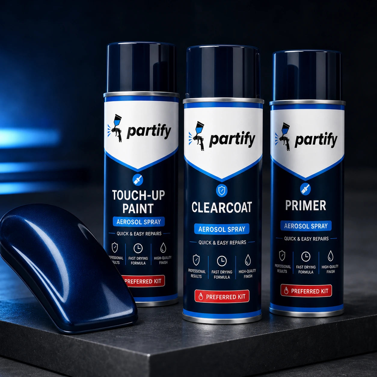 Partify primer, factory-matched paint, and clearcoat aerosol cans beside a vehicle finish sample