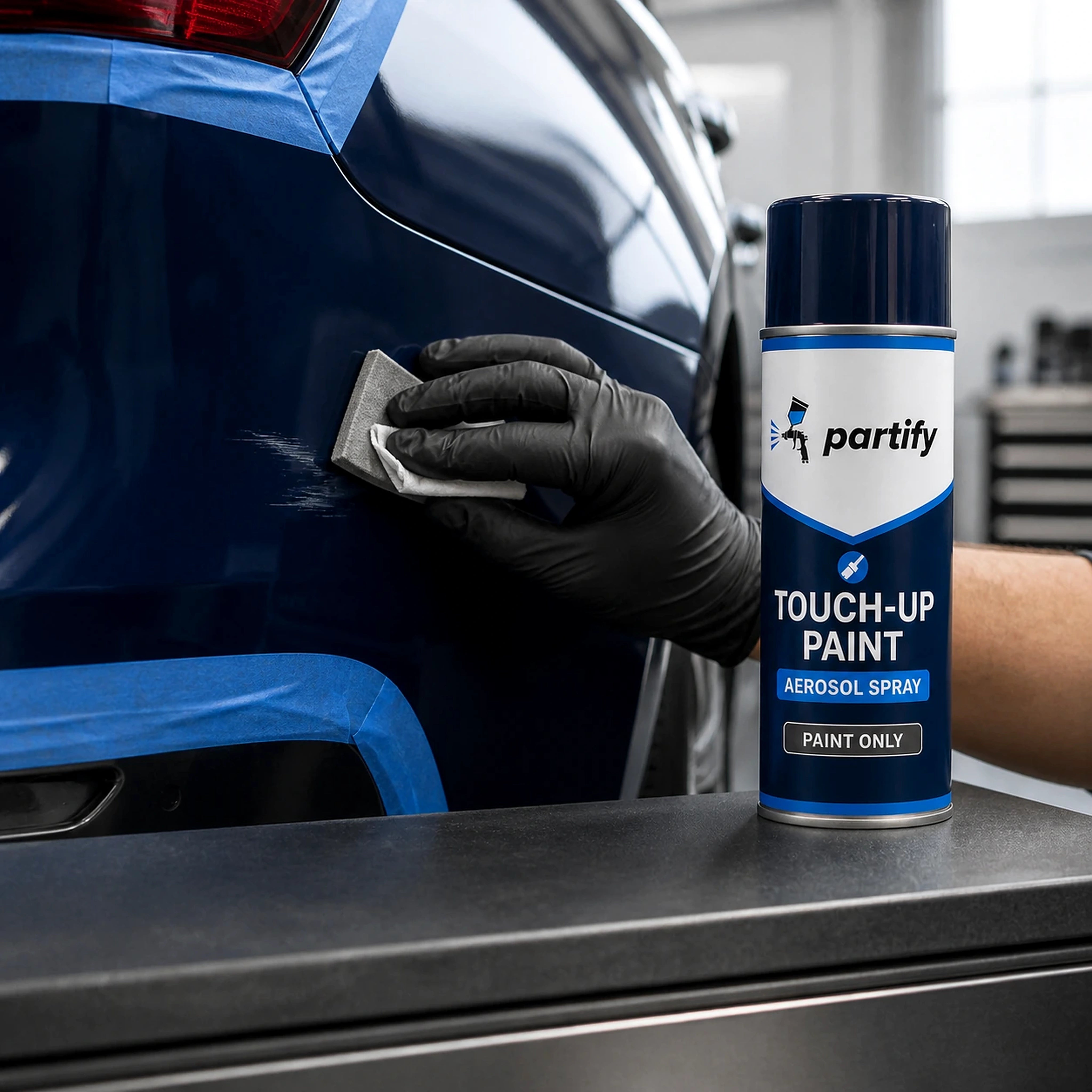 Cleaning and preparing a masked vehicle scuff beside a Partify touch-up aerosol can