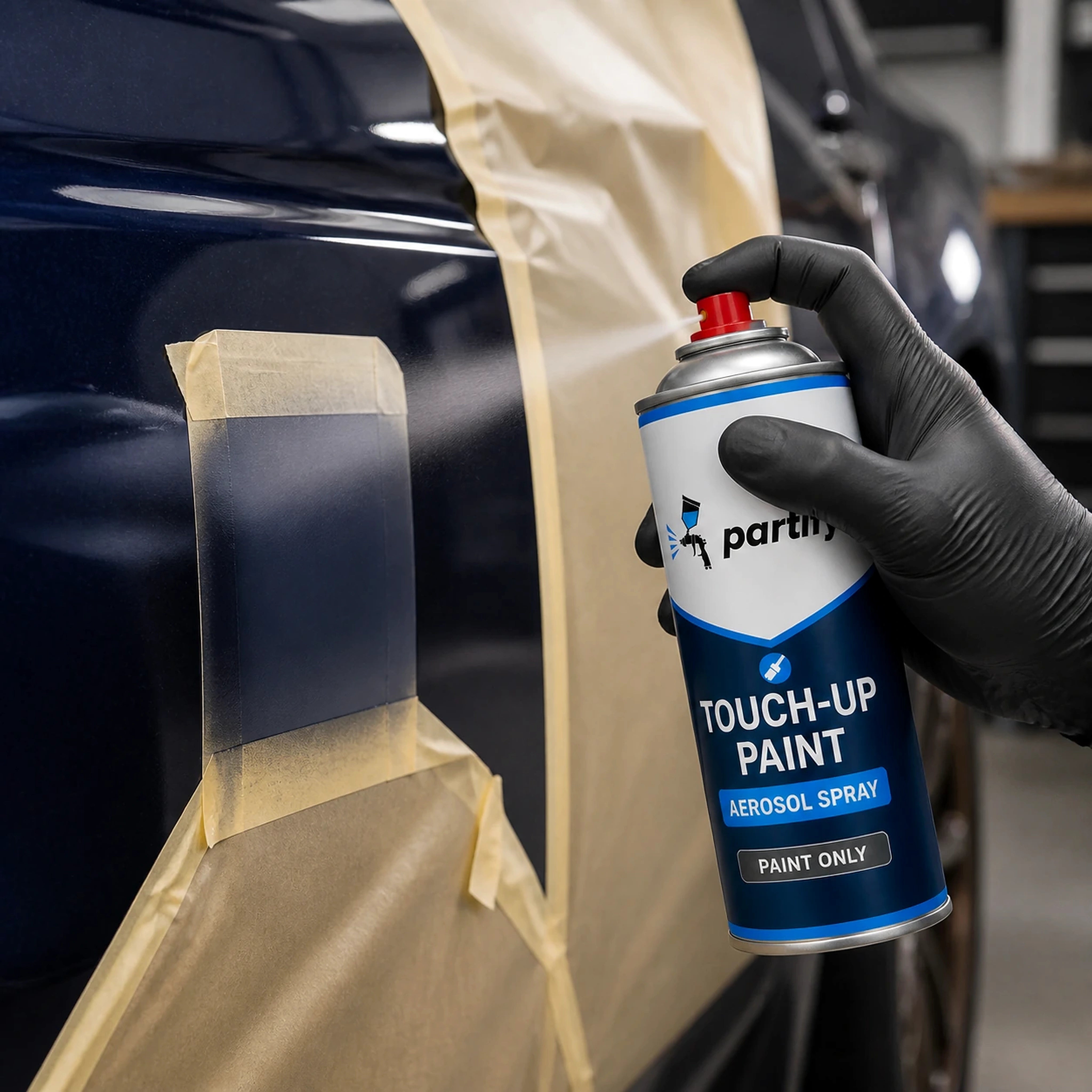 Applying factory-matched Partify touch-up aerosol to a properly masked localized repair