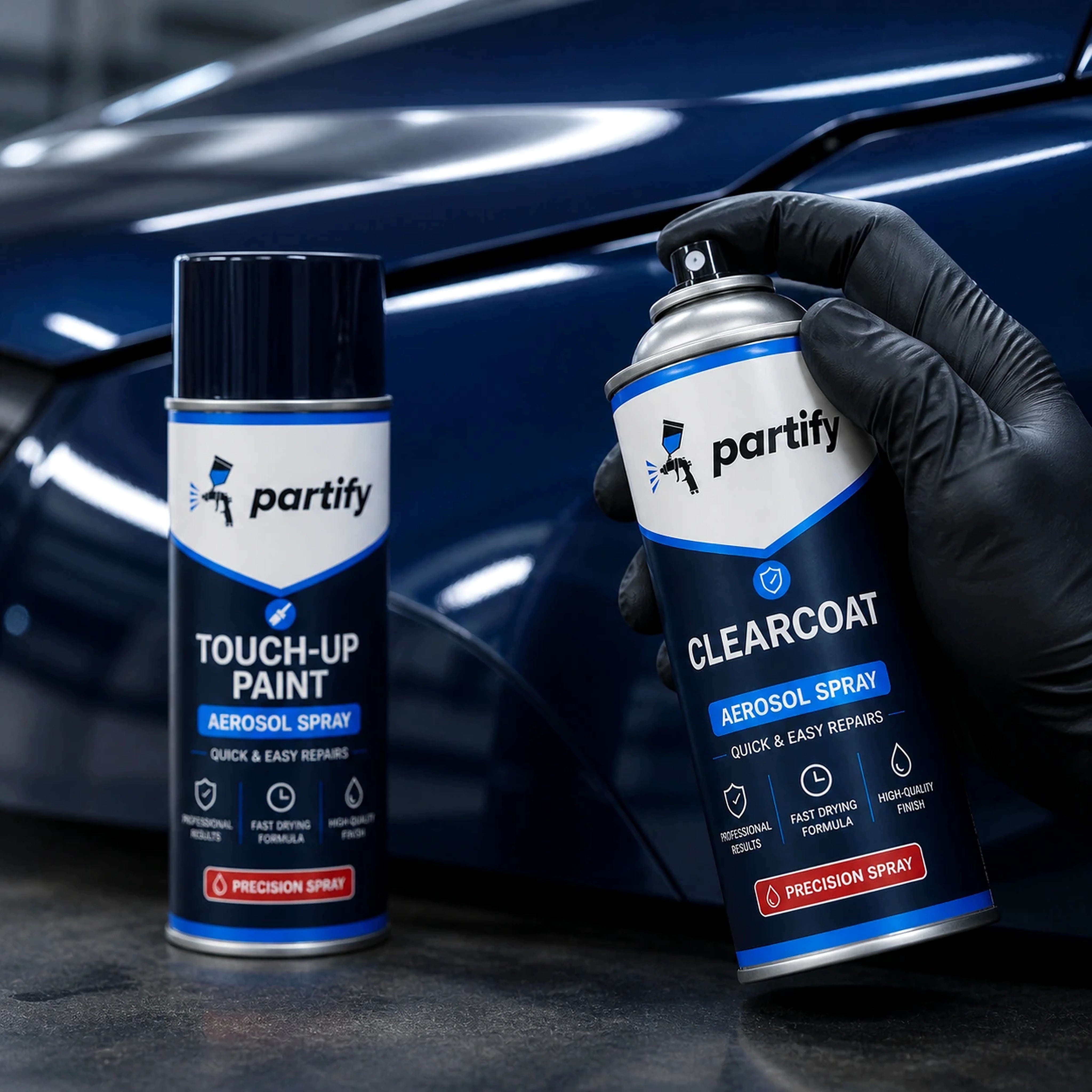 Partify touch-up color and clearcoat aerosols beside a glossy repaired vehicle panel