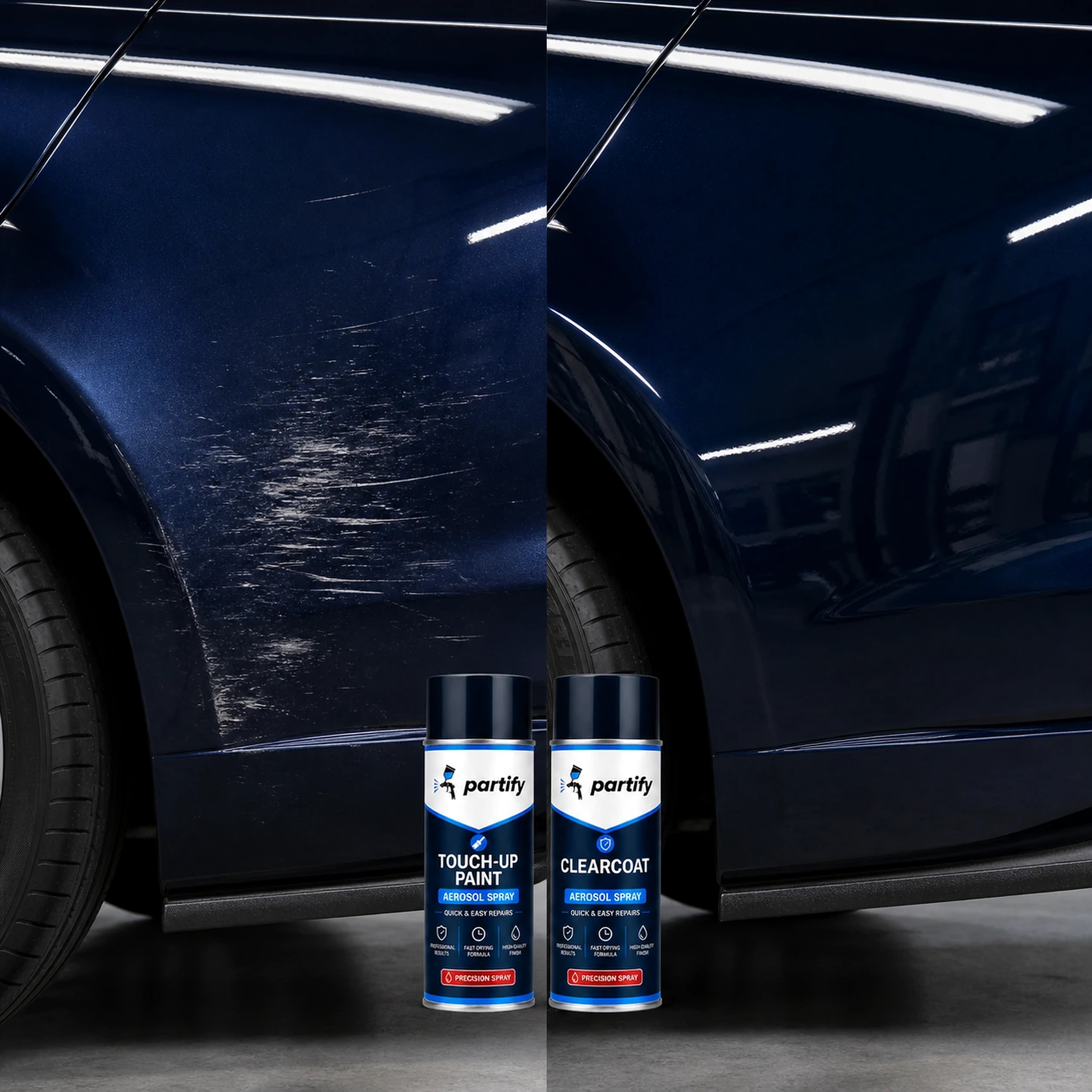 Same-angle before and after proof of a localized scuff repaired with the Partify aerosol system