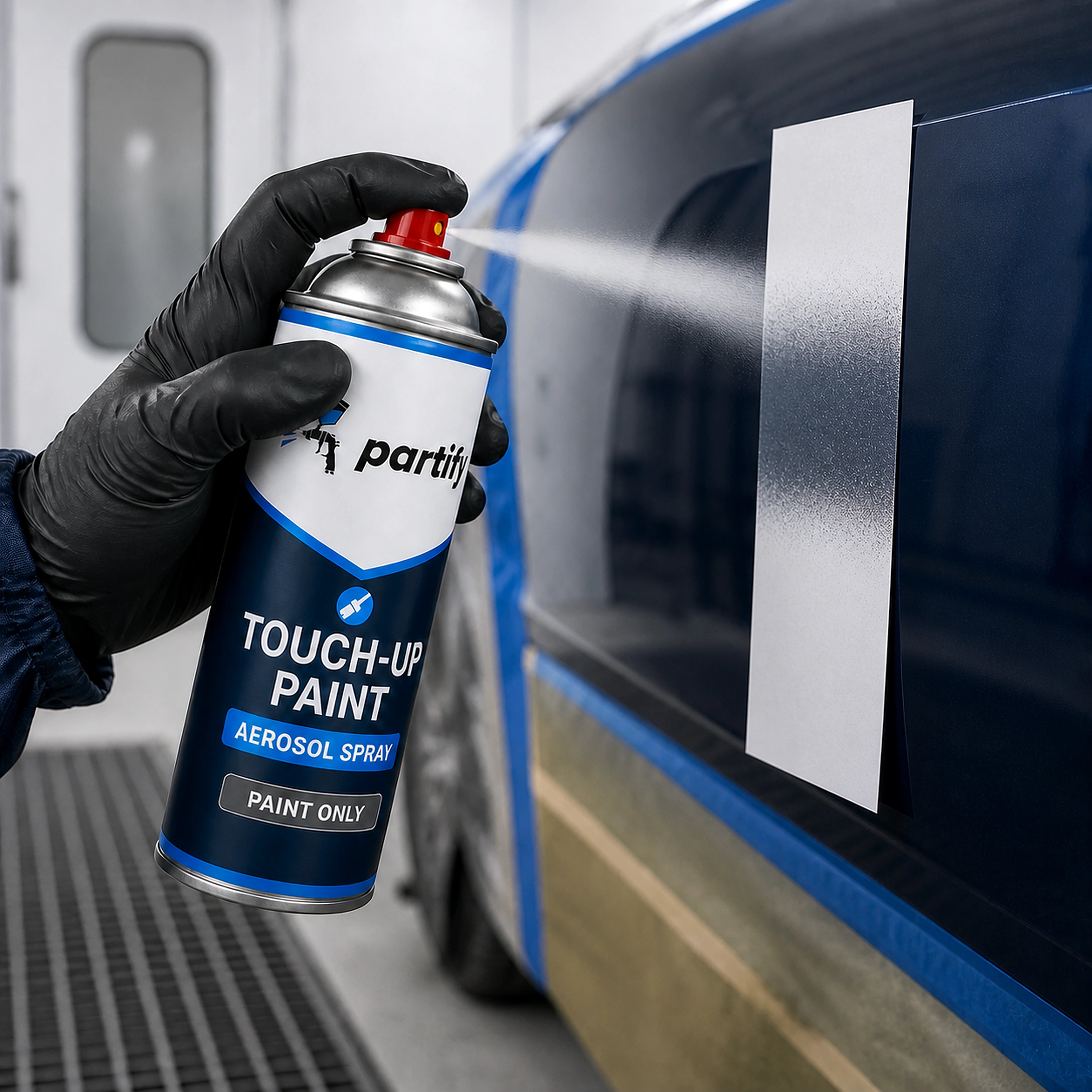 Testing the Partify touch-up aerosol spray pattern on a card before applying color to the vehicle