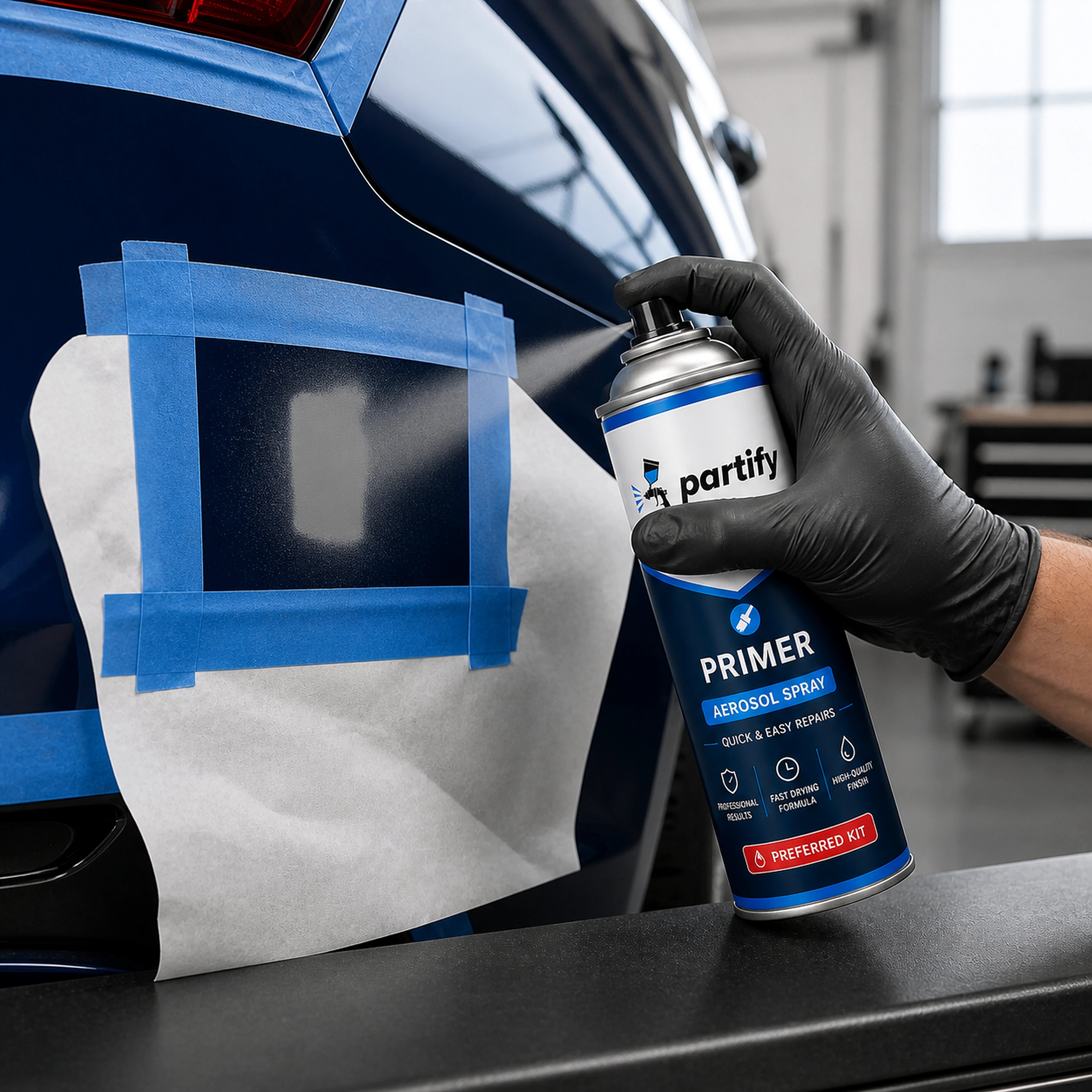 Applying Partify aerosol primer to exposed substrate before the factory-matched color coat