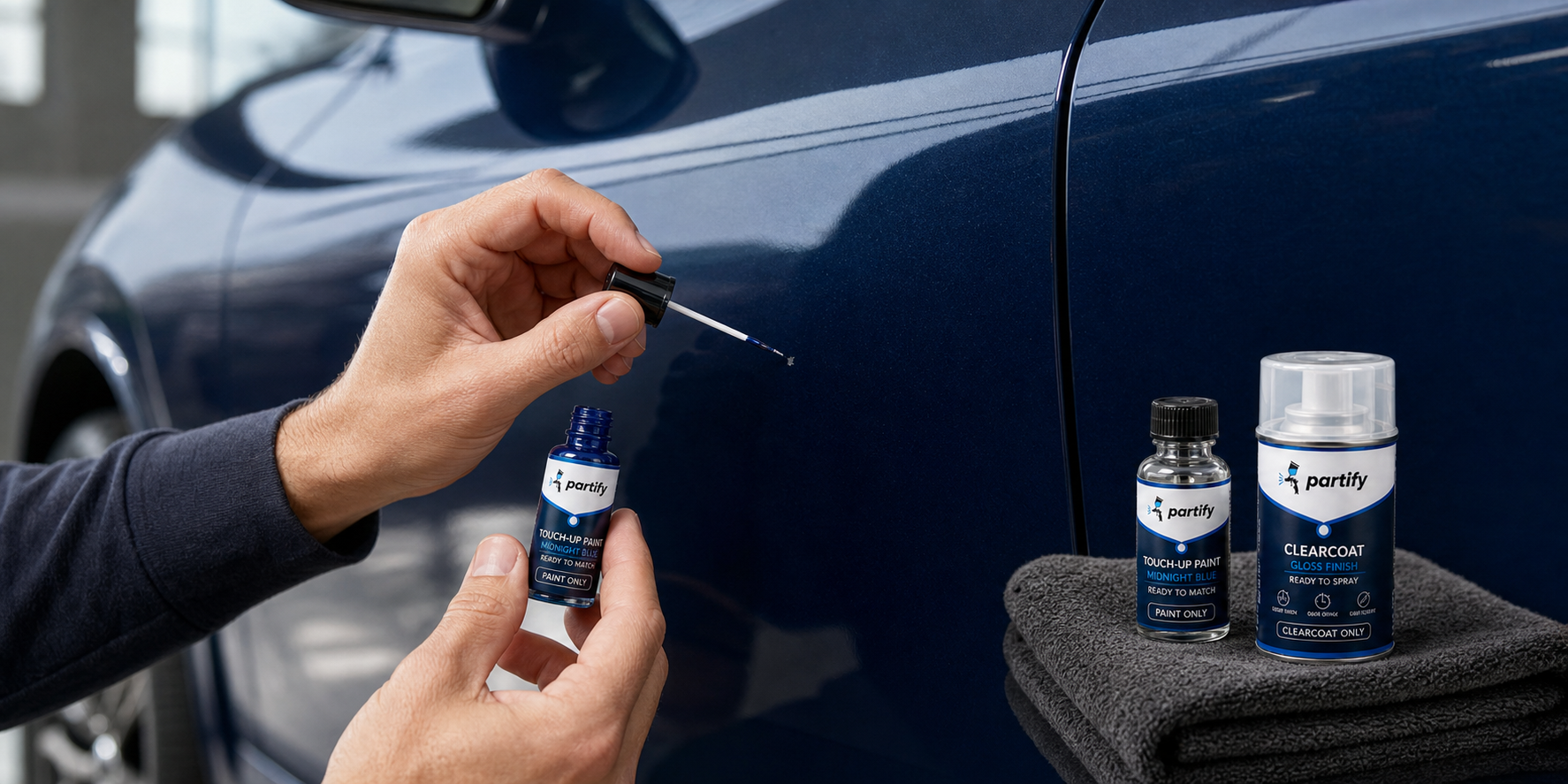 Applying Partify touch-up paint to a chip on a blue car door