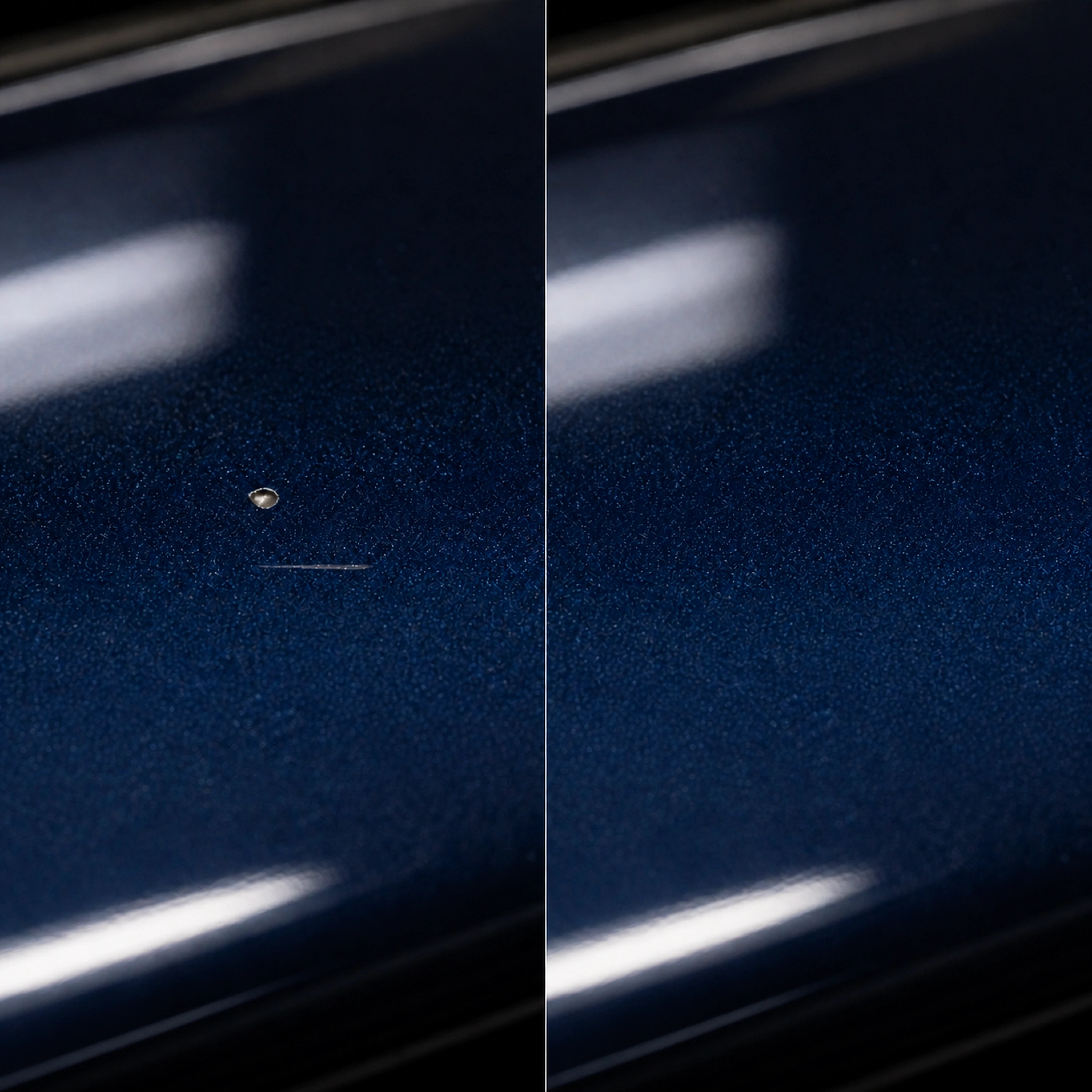 Same-angle view of a localized chip and scratch before and after repair
