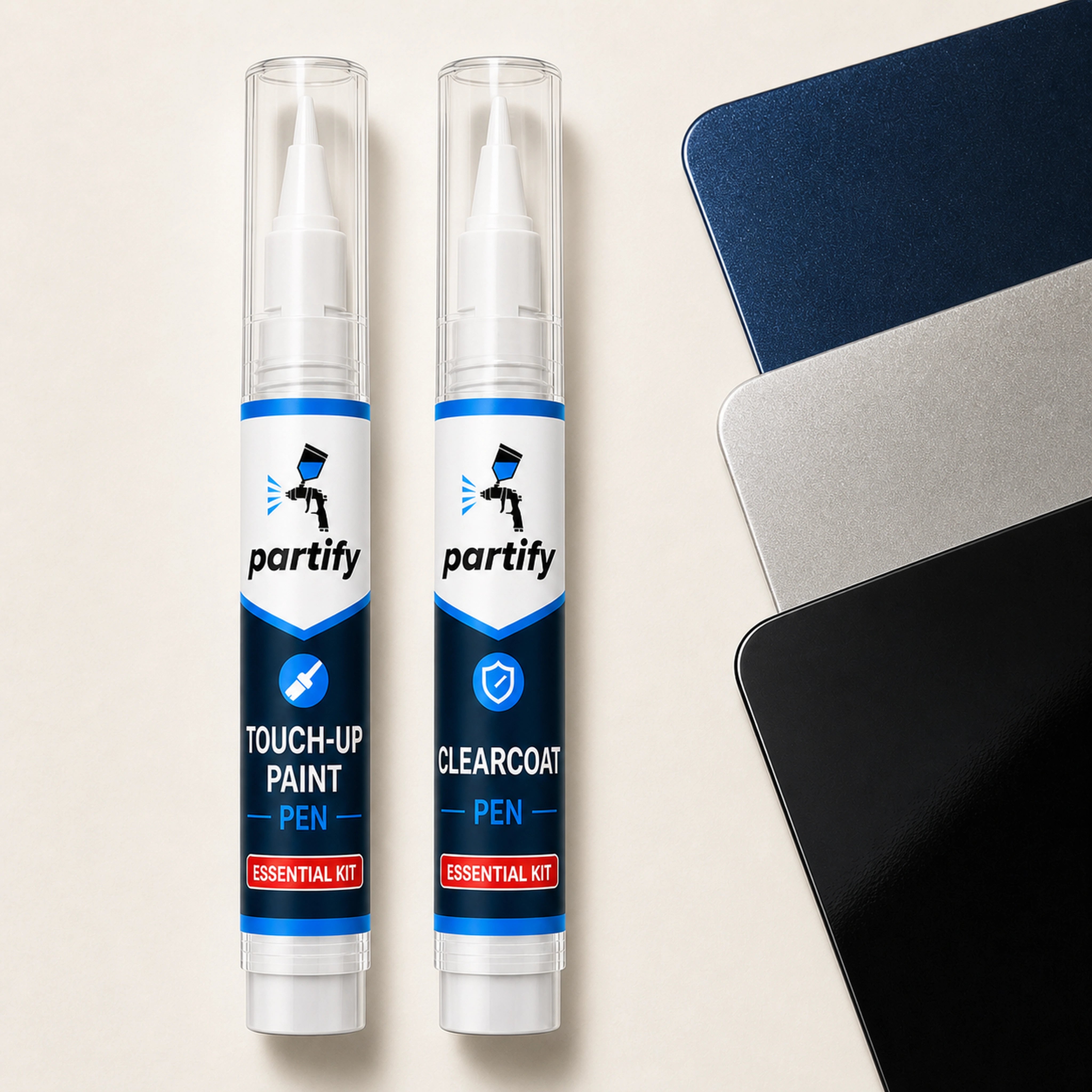 Partify matched color and clearcoat touch-up pens with vehicle finish samples