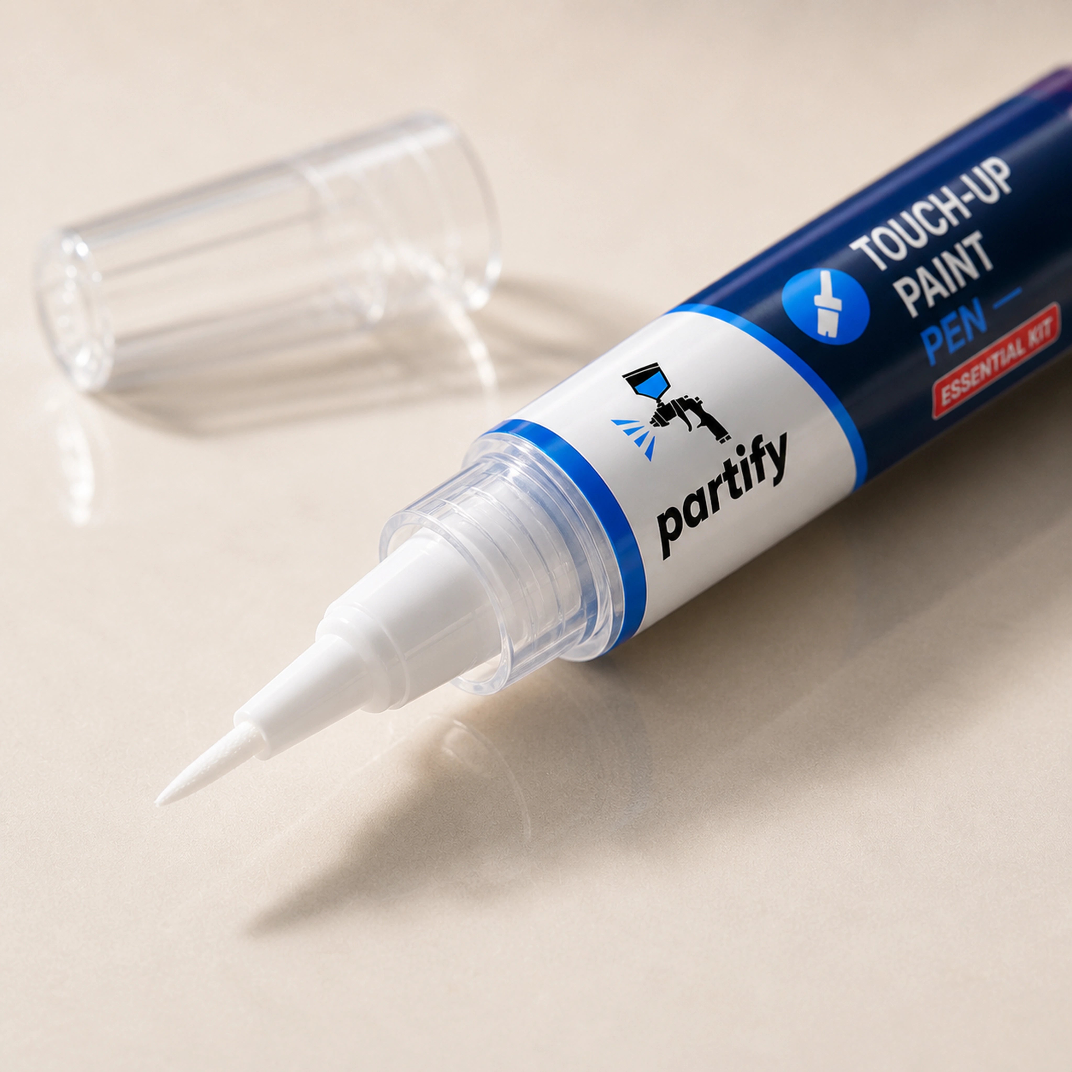 Close view of the Partify touch-up pen precision tip and capped applicator