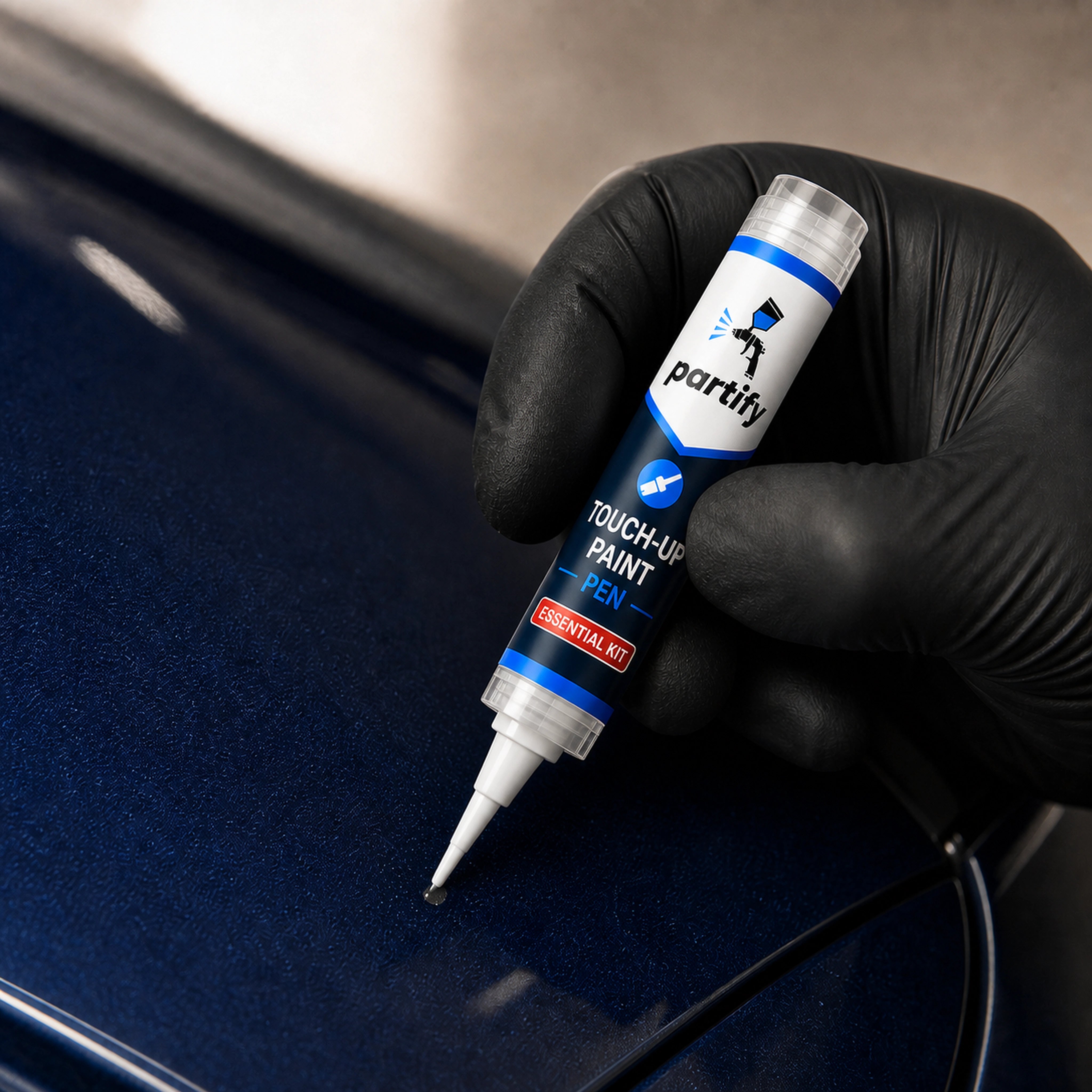 Dabbing vehicle-matched paint into a small chip with the Partify precision pen tip