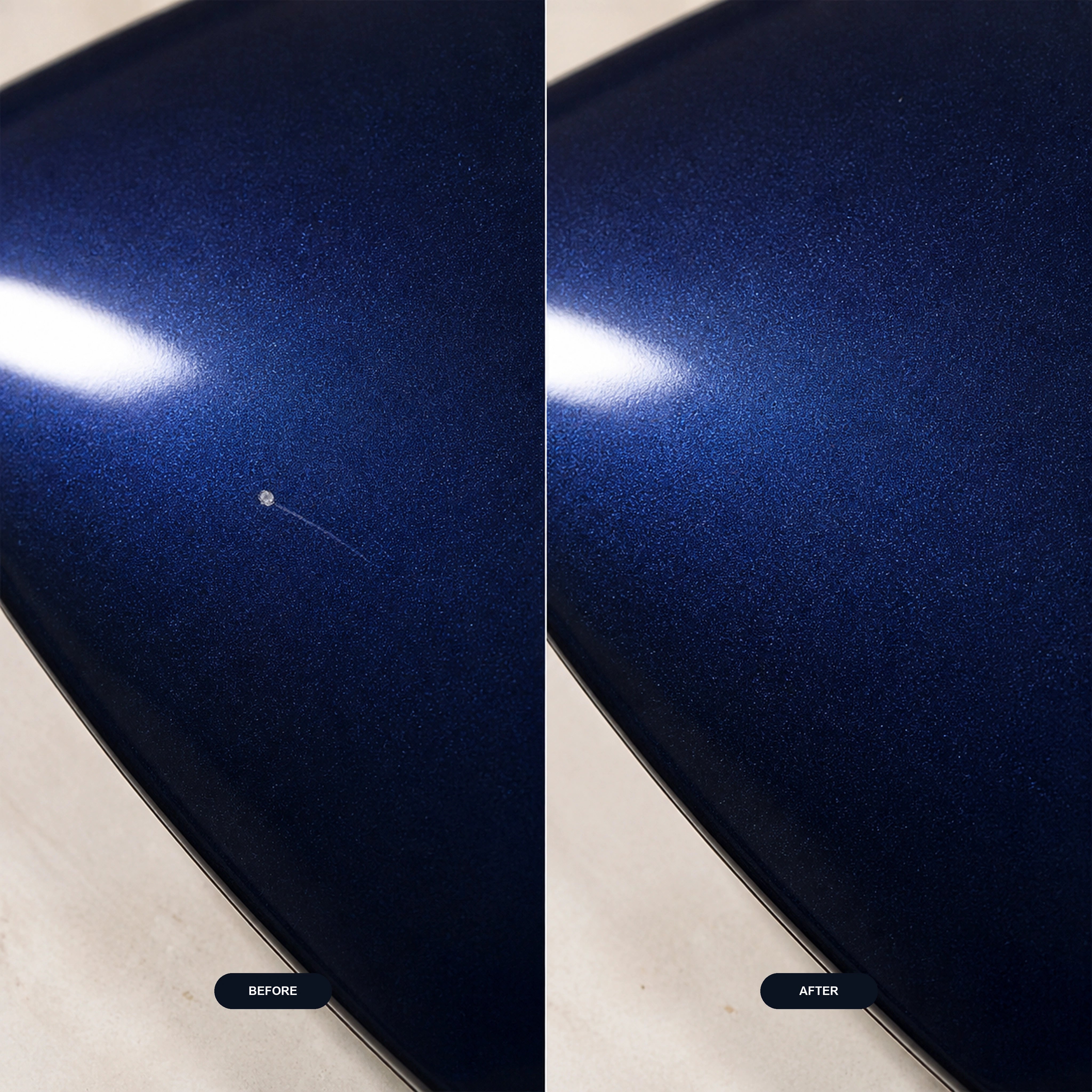 Same-angle before and after view of a chip repaired with Partify touch-up pens