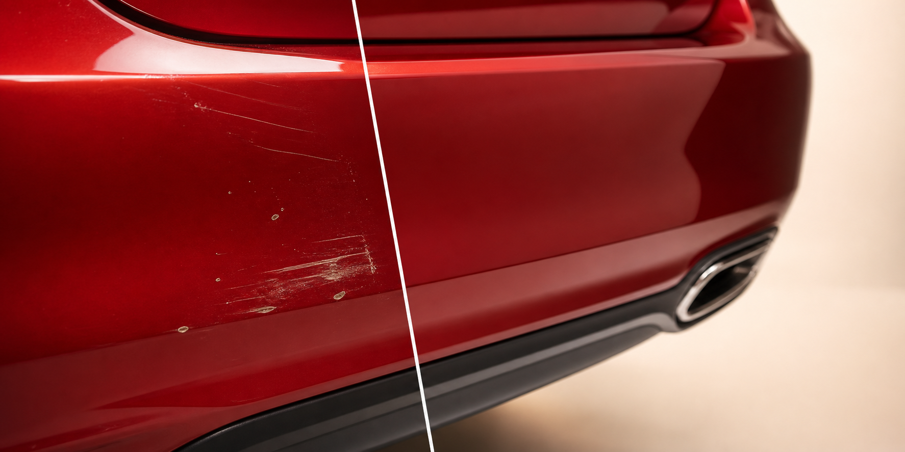 Before and after view of a repaired red vehicle bumper